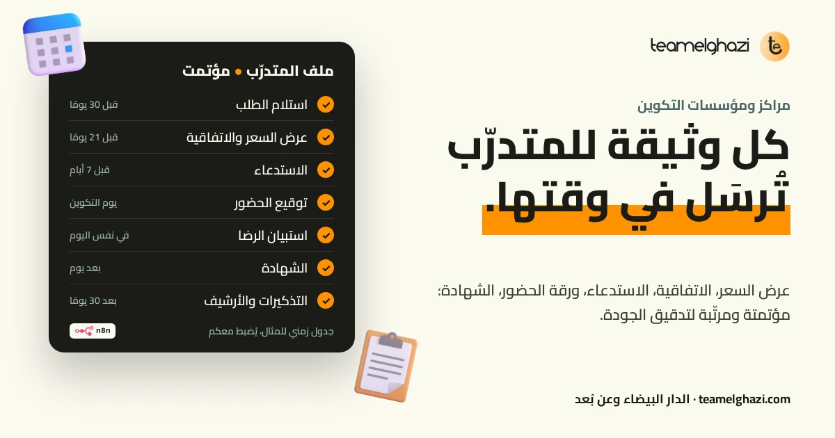 مراكز التكوين: عرض السعر والاتفاقية والاستدعاء وورقة الحضور والشهادة تُرسل في وقتها وتُرتَّب لتدقيق الجودة