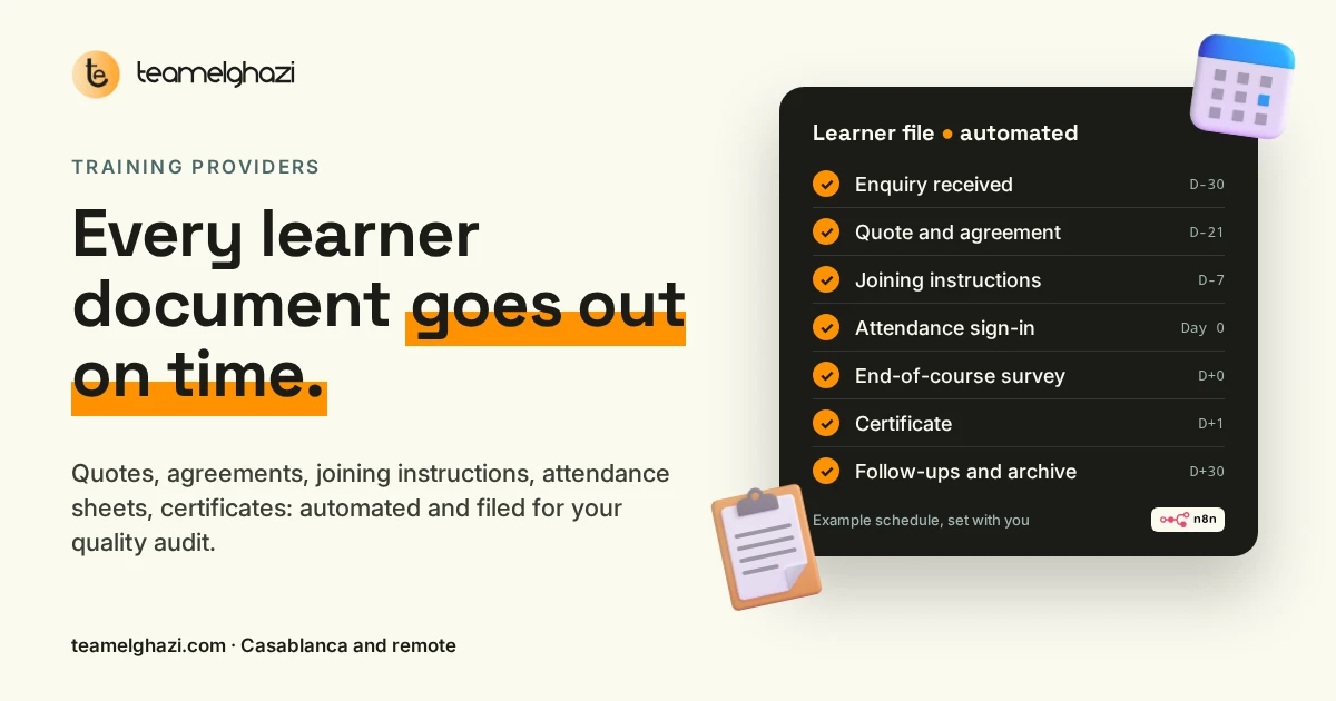 Training providers: quotes, agreements, joining instructions, attendance and certificates sent on time and filed for the quality audit