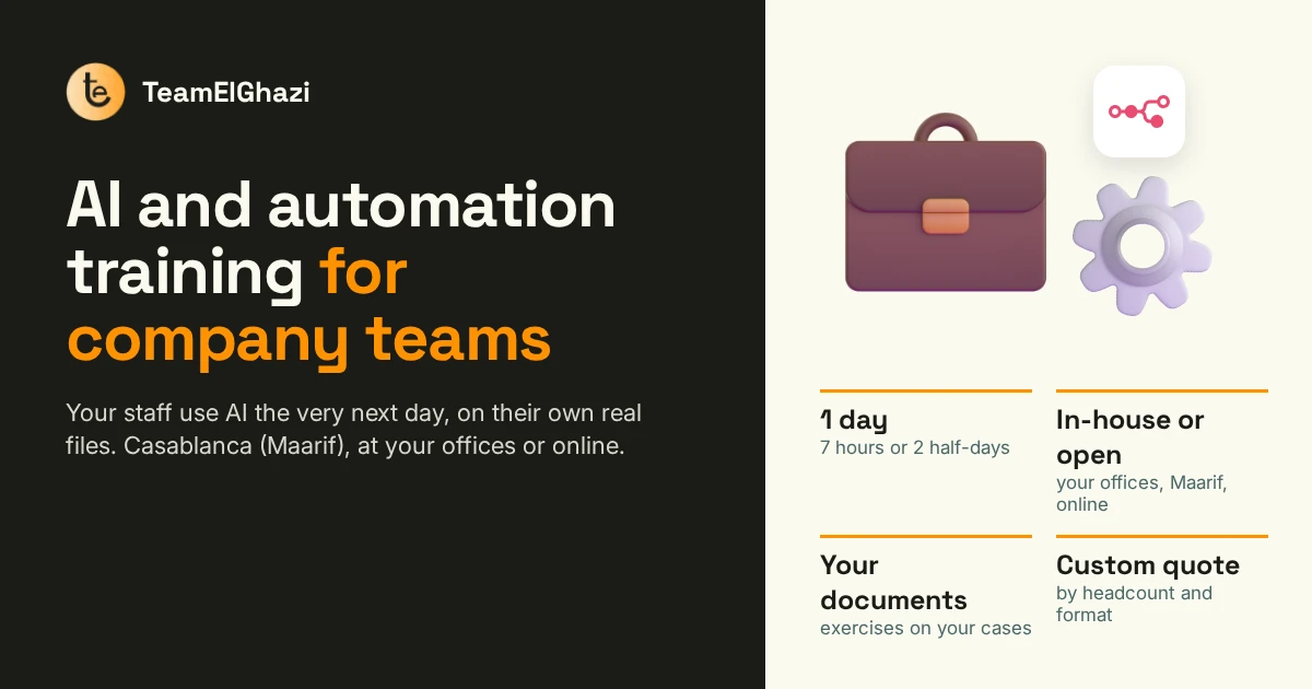 AI and automation training for company teams in Casablanca: 1 day, in-house or open, on your documents, custom quote