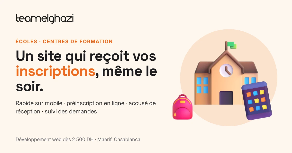 Site web d'école qui reçoit les inscriptions en ligne, même le soir : rapide sur mobile, accusé de réception et suivi des demandes