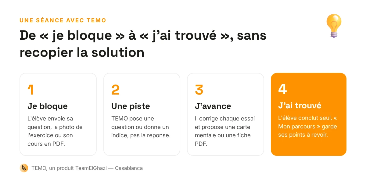 Schéma d'une séance avec TEMO en 4 étapes : je bloque, une piste, j'avance, j'ai trouvé