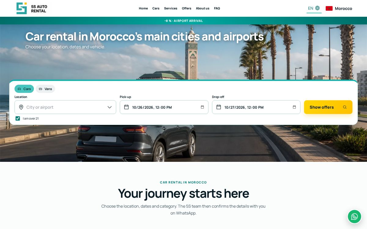 Page d'accueil du site 5S Auto Rental